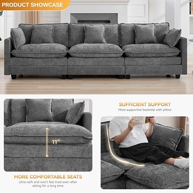 111'' Sectional Cloud Deep Seat Couch, Modern Comfy Chenille Modular Sectional Sofa for Living Room Set, Upholstered Modular 3-Seats Sofa Couch, Grey