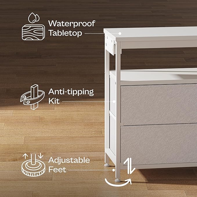 Huuger LED TV Stand for Bedroom, 55 Inch Fabric Dresser with Power Outlets, Entertainment Center for 60, 55, 50 Inch TV, 6 Drawer Dresser for Bedroom, Chest of Drawers with Shlef, PU Leather, White