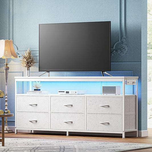 Huuger LED TV Stand for Bedroom, 55 Inch Fabric Dresser with Power Outlets, Entertainment Center for 60, 55, 50 Inch TV, 6 Drawer Dresser for Bedroom, Chest of Drawers with Shlef, PU Leather, White