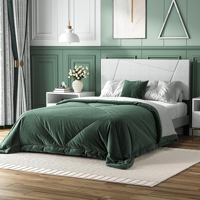 Full Size Bed Frame, Full Platform Bed Frame with Fabric Upholstered Headboard, Geometric Pattern, Sturdy Frame and Slats, No Noise Free, No Springs Required, Easy to Assemble，Light Gray