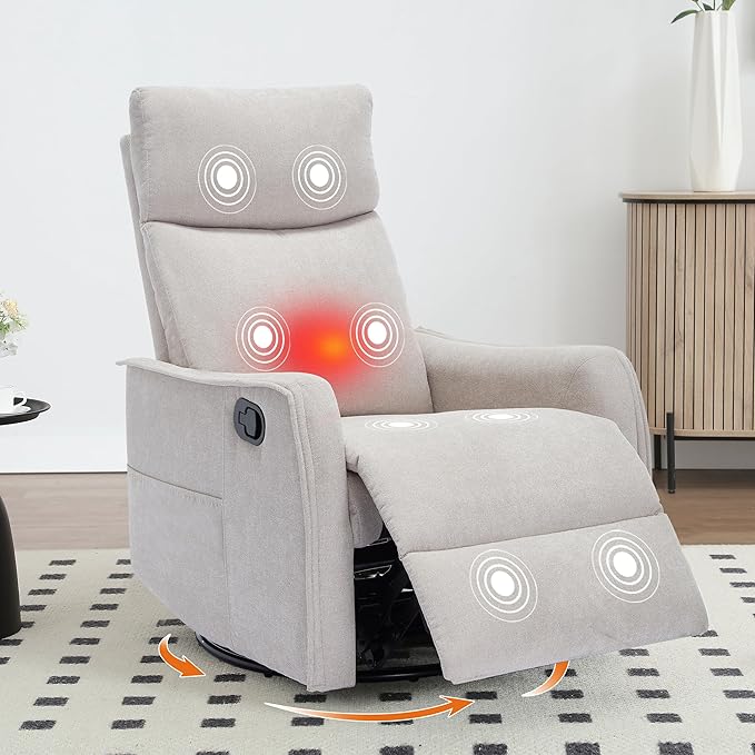 Manual 360° Swivel Rocker Recliner Chair for Adults, Overstuffed Glider Chair for Nursery with Vibration Massage and Heat, Comfy Soft Fabric Glider with Side Pockets for Living Room, Beige