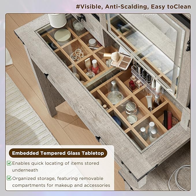 T4TREAM 48'' Farmhouse Makeup Vanity Desk with Sliding HD Mirror and Lights, Big Modern Lighted Vanity Table with 7 Drawers & Shelves, Rustic Large Dressing Table for Bedroom, Light Rustic Oak