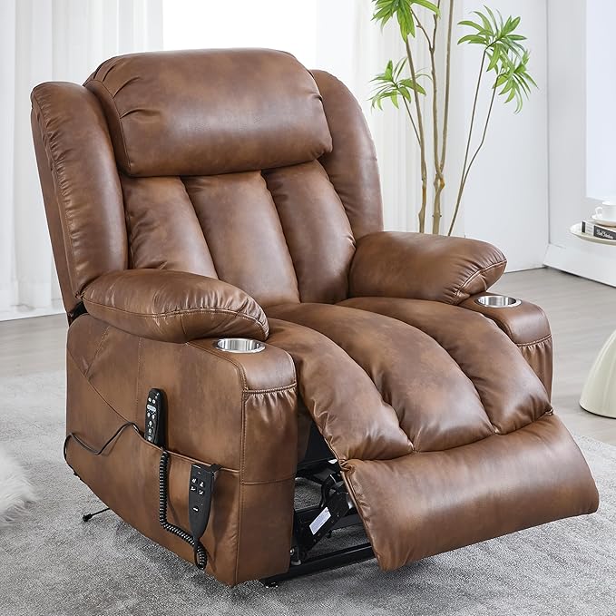 Lay Flat Lift Recliner Chair with Massage & Heat for Elderly People, Electric Power Lift Chair with Dual Motor, Cup Holders and 2 Remote Controls, Breathable Faux Leather Brown