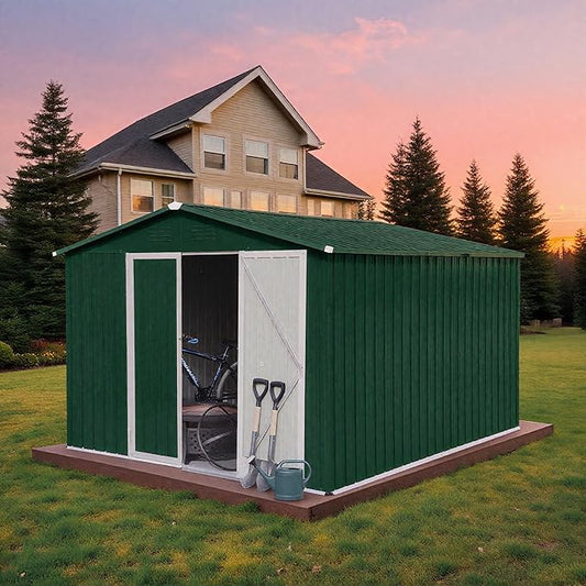 10 x 8 FT Outdoor Storage Shed, Metal Garden Tool Shed with Slooping Roof, Lockable Doors and Aluminum Frames, Easy to Assemble for Garden, Patio, Lawn, Green
