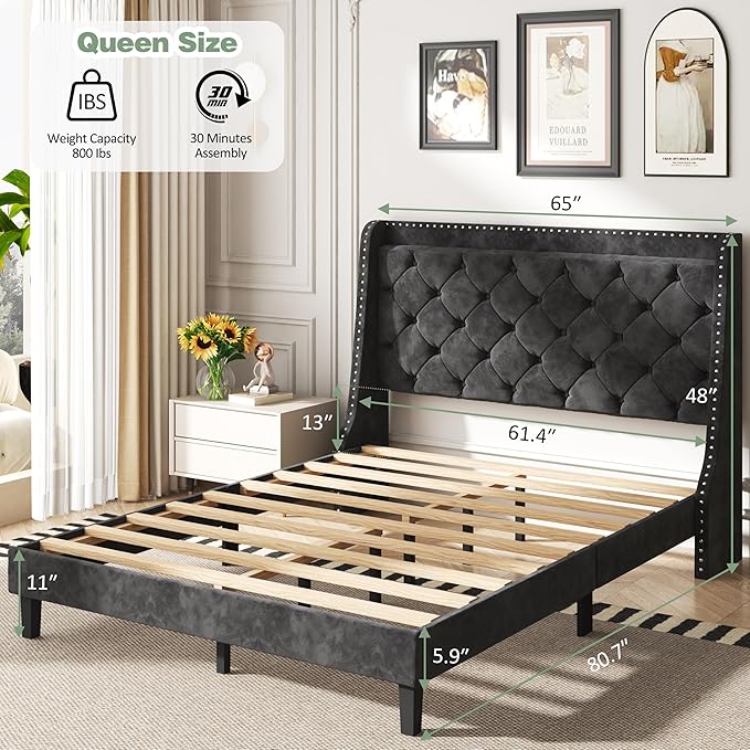 SUNLEI Bed Frame with Wingback Storage Headboard, Queen Size Bed Frame with Tufted and Velvet Fabric, Wood Slats Support, No Box Spring Needed, Easy Assembly, Queen Black