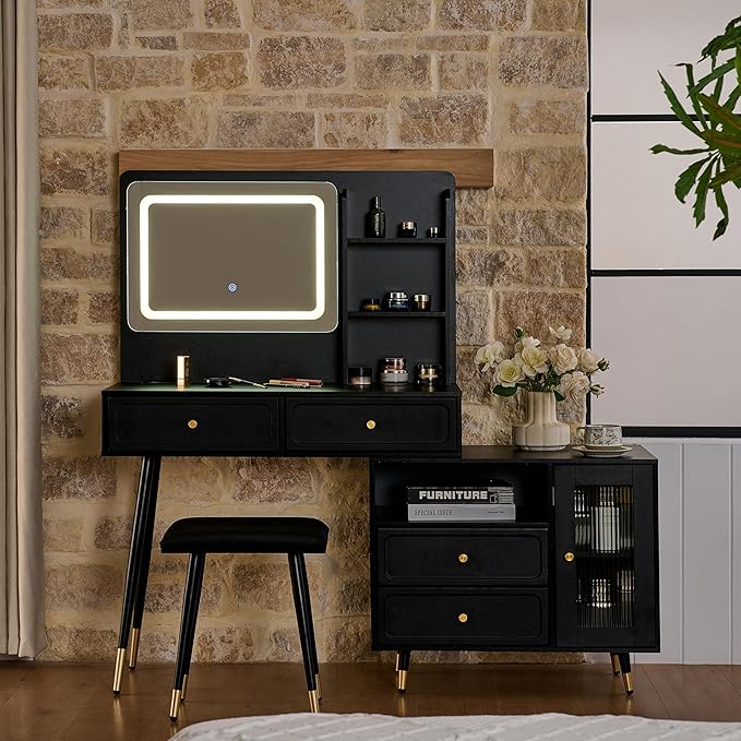 Modern Makeup Vanity Desk with Mirror and Lights,Retractable Dressing Table with Drawers and Cabinets,Makeup Table Set for Bedroom