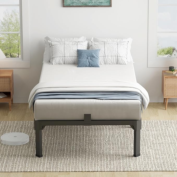 Twin Bed Frame with Mattress Slide Stopper, 14 Inch Metal Platform Bed Frame, Heavy Duty Tall Bed Frame No Box Spring Needed with Large Storage Space, Easy Assembly, Noise Free
