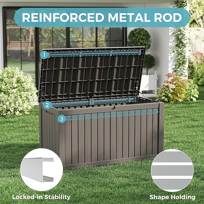 150 Gallon Resin Deck Boxes Waterproof, Outdoor Storage Box Lockable Lid for Delivery Box, Indoor, Garden Tools, Pool Supplies, Patio, Grey
