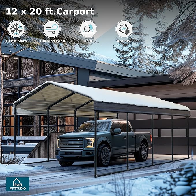 MFSTUDIO Carport 12x20 ft, Outdoor Heavy Duty Metal Shed Carports, Metal Garage Car Shelter Shade Car Port with Galvanized Roof, Frame and Bolts for Cars, Truck and Boats