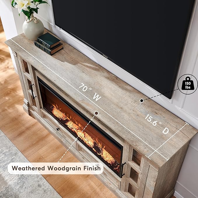OKD Fireplace TV Stand for up-to-80 TV, Farmhouse 36" Tall Entertainment Center with 42" Electric Fireplace, Media Console with Glass Door Cabinets & Drawers for Living Room, Light Rustic Oak