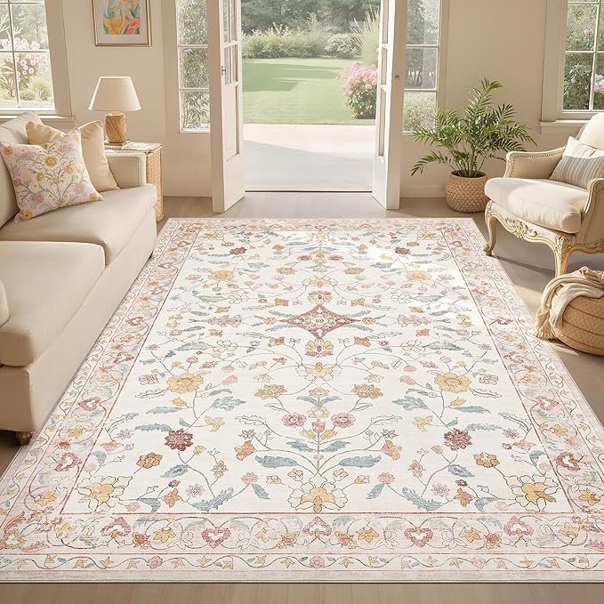 Nursery Rug 10x14 for Kids & Girls - Washable Vintage Large Floral Pink Area Rugs - Ultra Thin Stain Resistant Non Slip Carpets for Kids Playroom, Living Room, Bedroom, Dining Room, Office - Pink
