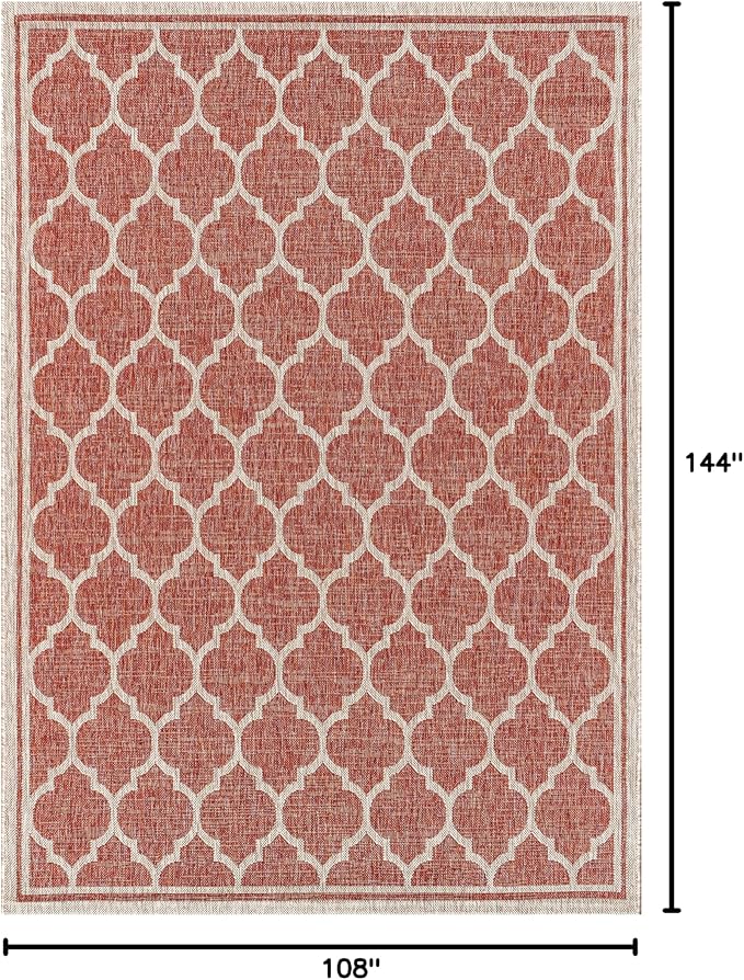 Eyely BMS109C-9 Santa Monica Trebol Moroccan Trellis Textured Weave Indoor/Outdoor Area Rug Coastal;Bohemian, Bedroom, Backyard, Patio, Easy-Cleaning, Non-Shedding, 9 X 12, Red/Beige