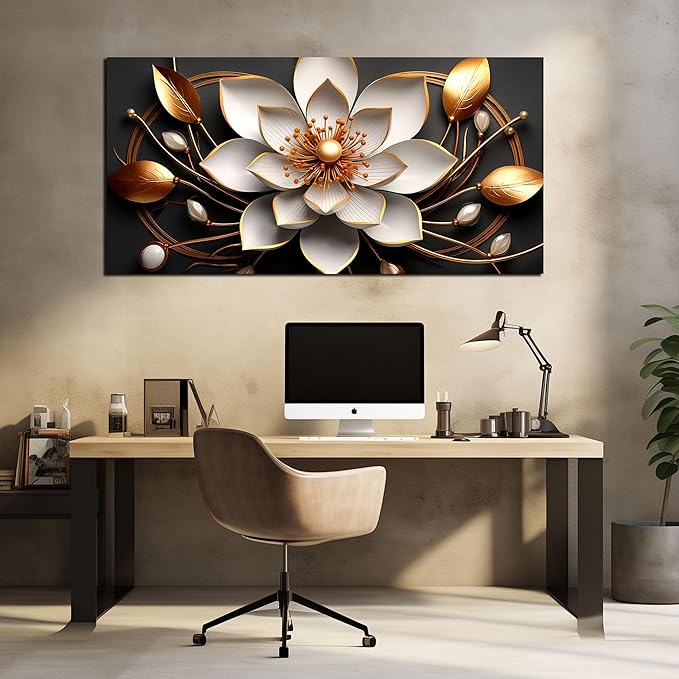 Large Artwork Canvas Wall Art for Living Room Office Room Bedroom Decor Wall Painting White and Gold Flowers Picture Modern Decorative Painting with Frame Ready to Hang Canvas Decor Size 24x48 E