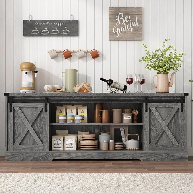 Farmhouse TV Stand for 70/75/80 Inch TV, Entertainment Center Storage Cabinets with Sliding Barn Doors, Media Console Cabinet for Living Room, Grey