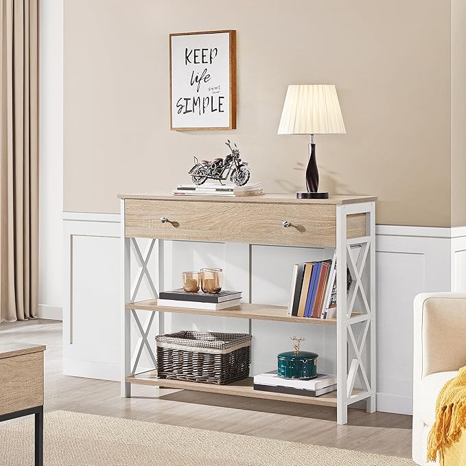 Yaheetech Console Table with Drawer, Narrow Sofa Table with Storage Shelves for Living Room, 3-Tier Entryway Tables with Metal Frame, Light Oak