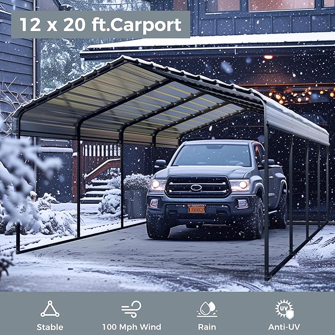 GREEN PARTY 12 x 20 ft Metal Carport Kits with Galvanized Steel Roof, Heavy Duty Metal Carport Canopy, Outdoor Car Tent Metal Garage Shelter for Car, SUV, Truck and Boats, Grey