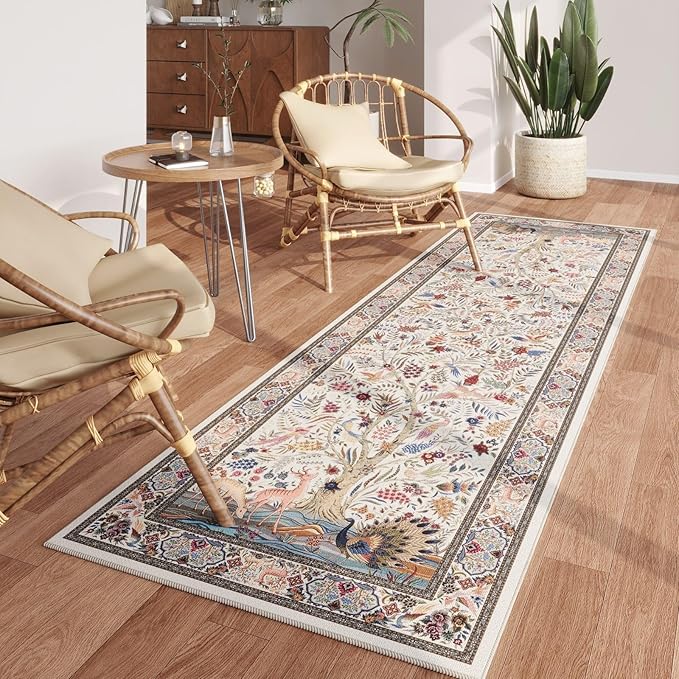 Runner Rug Vibrant Tree of Life-Patterned Vintage Kitchen Rugs Non Slip Washable Soft Carpet Runner for Laundry Bedroom Bathroom, Beige