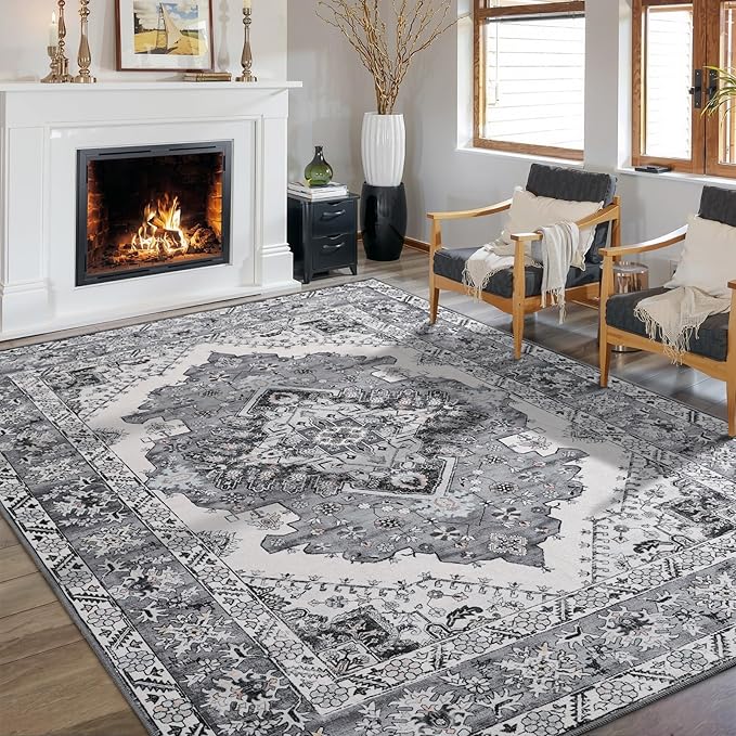 Living Room Rug 6x9 Rug, Machine Washable Area Rug Non Slip Low Pile Rug for Living Room, Bedroom, Farmhouse, Dining Room, Grey