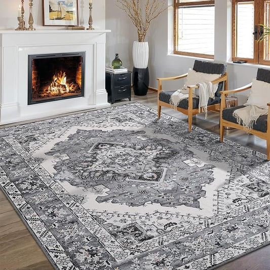 Living Room Rug 6x9 Rug, Machine Washable Area Rug Non Slip Low Pile Rug for Living Room, Bedroom, Farmhouse, Dining Room, Grey