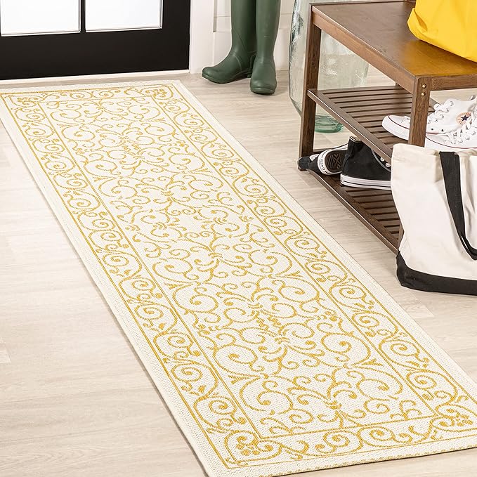 JONATHAN Y SMB106M-210 Charleston Vintage Filigree Textured Weave Indoor Outdoor Runner Rug, Classic,Traditional,Transitional Easy Clean,Bedroom,Kitchen,Backyard,Patio, Non-Shed, Cream/Yellow, 2 X 10
