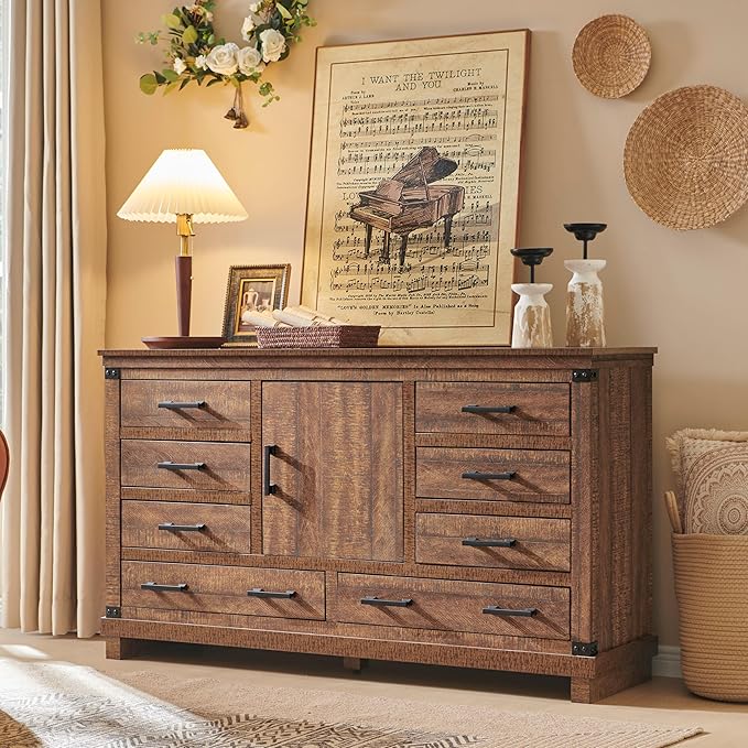 RedLemon Farmhouse 8 Drawers Dresser for Bedroom, Wood Large Chest of Drawers with Thick Plank, Rustic Dresser for Bedroom, Living Room, Reclaimed Barnwood Color
