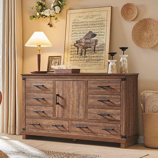 RedLemon Farmhouse 8 Drawers Dresser for Bedroom, Wood Large Chest of Drawers with Thick Plank, Rustic Dresser for Bedroom, Living Room, Reclaimed Barnwood Color