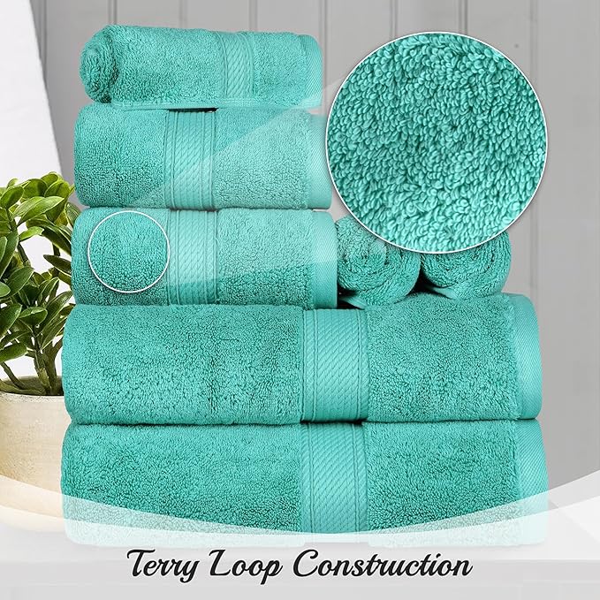 Superior Egyptian Cotton Pile Hand Towel Set of 4, Ultra Soft Luxury Towels, Thick Plush Essentials, Absorbent Heavyweight, Guest Bath, Hotel, Spa, Home Bathroom, Shower Basics, Turquoise