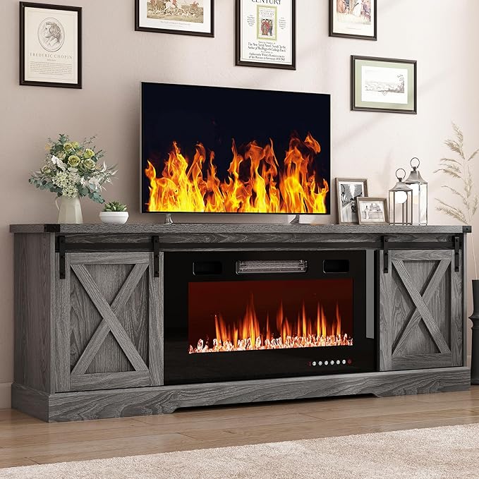 Farmhouse Fireplace TV Stand for 70/75/80 Inch TV, 70 inch Entertainment Center Storage Cabinets with 36”Electric Fireplace and Sliding Barn Doors, Media Console Cabinet for Living Room, Grey