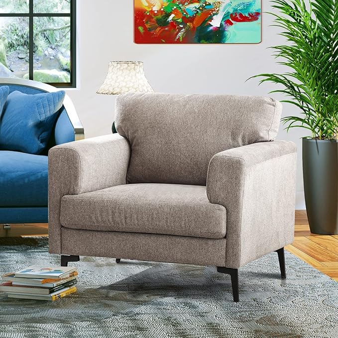 CDCASA Accent Chair, Linen Fabric Oversized Mid Century Modern Chair Set of 1, Comfy Upholstered Armchair Reading Accent Chairs Sofa Chairs for Bedroom Living Room, Light Brown