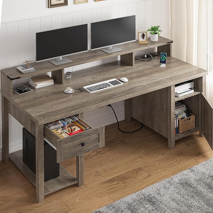 EnHomee Computer Desk with Drawers,23" D Home Office Desk with Storage,Wooden Desk with Monitor Stand,Farmhouse Desk with Printer Space and Power Outlets for Studio,Work, Study,Writing&Gaming