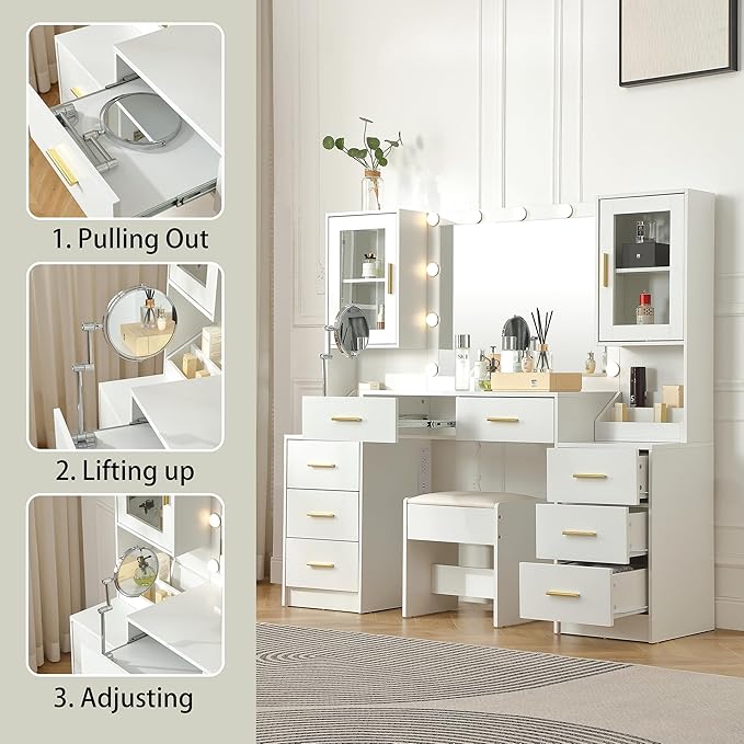 Extra Large Vanity with Folding Up Mirror and Lights,58.3'' Makeup Vanity Desk with Mirror and Lights,Outlet, Chair and Two Makeup Organizers,Dressing Table for Bedroom,White