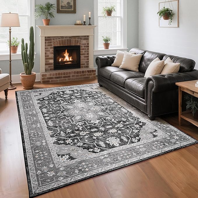 Living Room Rug 6x9 Rug, Machine Washable Area Rug Non Slip Low Pile Vintage Rug for Living Room, Bedroom, Farmhouse, Dining Room, Kids Playroom, Grey