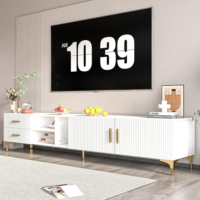 70" Fluted TV Stand for TVs Up to 80", Modern Entertainment Center with Storage, Media Console for Living Room Bedroom, TV Console（White）