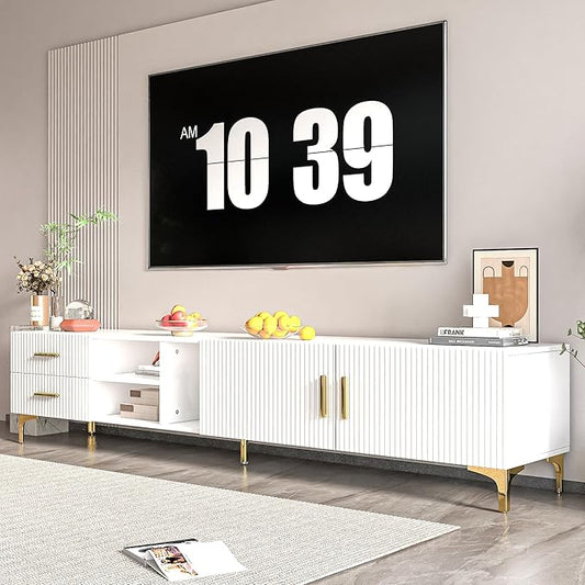 70" Fluted TV Stand for TVs Up to 80", Modern Entertainment Center with Storage, Media Console for Living Room Bedroom, TV Console（White）
