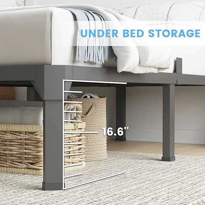 King Bed Frame with Mattress Slide Stopper, 18 Inch Metal Platform Bed Frame, Heavy Duty Tall Bed Frame No Box Spring Needed with Large Storage Space, Easy Assembly, Noise Free