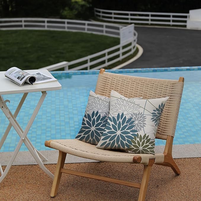 Blue Army Green Outdoor Pillow Covers Set of 2 18X18 Inch Teal Floral Elegant Polyester Flower Pillow Case Outdoor Waterproof Decor for Patio Funiture Garden Linen Cushion Covers 01C18