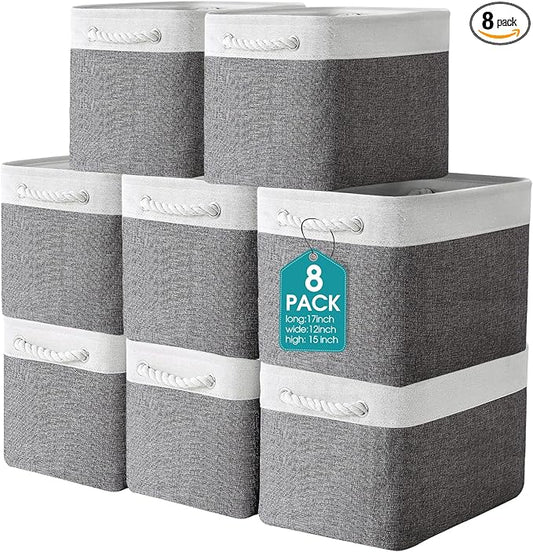 meekoo 8 Pack Collapsible Storage Bins Fabric Storage Bins Polyester Fabric Baskets with Handles Linen Closet Organizer for Shelf Home Closet Towels Toys(17 x 12 x 15 in,Gray White)