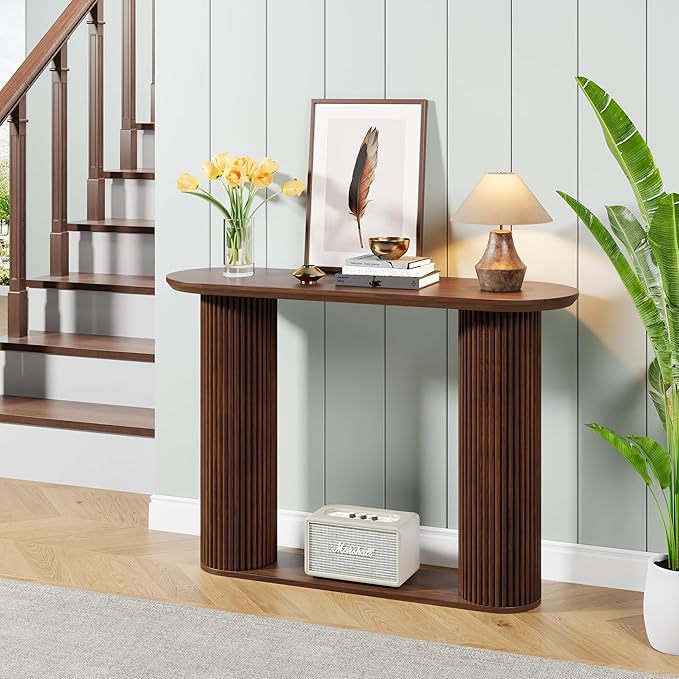 Fluted Console Table, Farmhouse Oval Curved Entryway Table with Storage and Fluted Wood Legs, Narrow Small Long Entry Sofa Table for Entrance, Hallway, Living Room (Walnut)