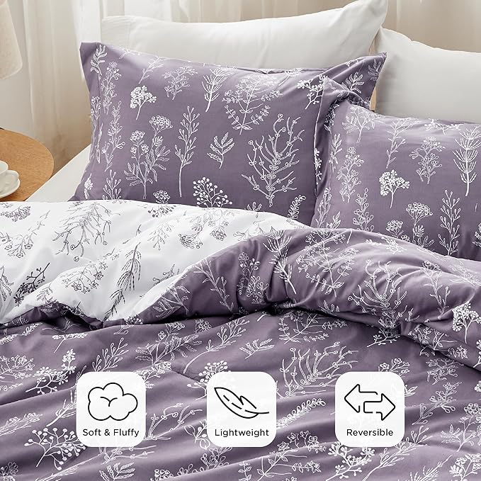 Bedsure Queen Comforter Set - Grayish Purple Bed Set, 3 Pieces Cute Floral Bedding, 1 Soft Reversible Botanical Flowers Comforter and 2 Pillow Shams