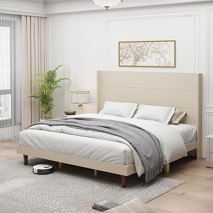 GDFStudio Tall Headboard King Size Bed,Platform Bed Frame with High Back,Wooden Slat Mattress Support No Box Spring Needed Easy Assembly Minimalist Designs 54" H Beige