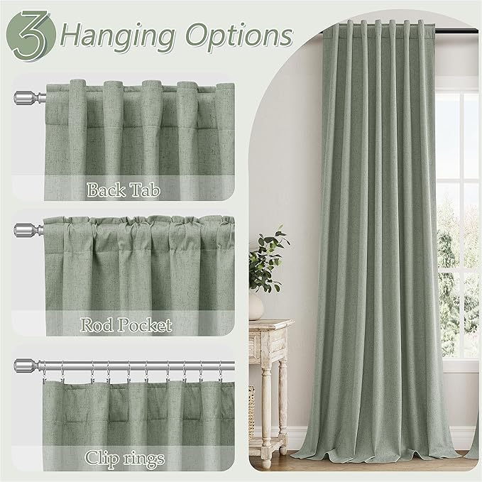 Guken Blackout Curtains 100 Inch Length 2 Panels Set for Living Room Bedroom Back Tab Thermal Insulated 100% Black Out Linen Drapes Room Darkening Window Curtains 100 Inches Long,Desert Sage