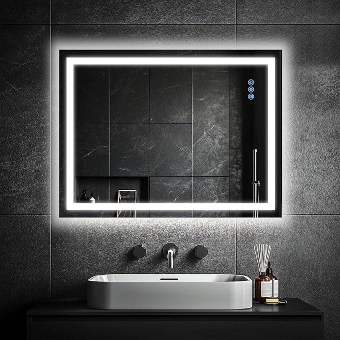Antok 24"x 36" LED Bathroom Mirror with Lights, Anti-Fog, Dimmable, Lighted Vanity Mirror with Tempered Glass, Memory Function, 3 Light Modes, Safe Use, Horizontal, Vertical