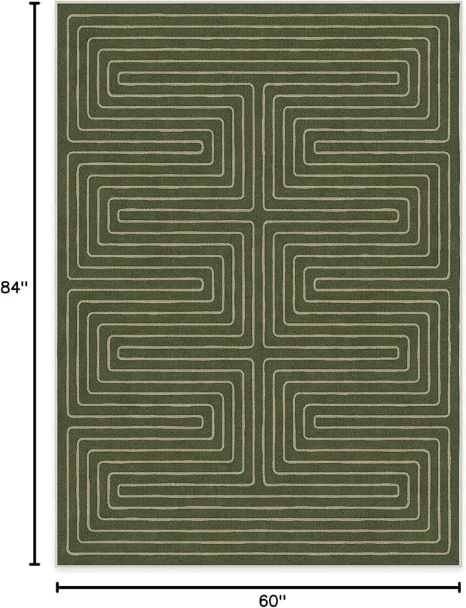 RUGGABLE x Jonathan Adler Machine Washable Modern Area Rug – Labyrinth Fern Green 5x7, Stain-Resistant, Non-Slip – Medium Rugs for Living Room, Bedroom, Hallway, Entryway & Office–with Cushioned Pad