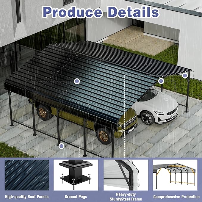 JY QAQA 20 x 20 FT Metal Carport Kits with Galvanized Steel Roof, Heavy Duty Metal Carport Canopy, Outdoor Car Tent Garage Shelter for Car, SUV, Truck and Boats