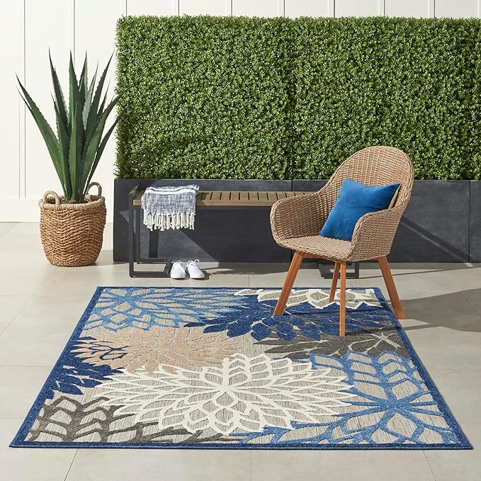 Nourison Aloha Indoor/Outdoor Blue/Multicolor 6' x 9' Area Rug, Easy Cleaning, Non Shedding, Bed Room, Living Room, Dining Room, Deck, Backyard, Patio (6x9)