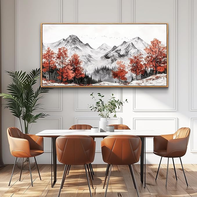 PHAOHUAXM Large Canva Wall Decor For Living Room Wood Framed Wall Art For Bedroom Office Murals Red Tree Ink-Wash Mountain Landscape Painting Pictures Modern Restaurant Room Home Decoration 30"X60"