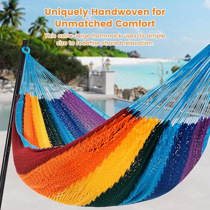 Lazy Daze Hammocks Handwoven Mayan Hammock, 10.5 FT Soft Rope Double Hammocks, Portable Outdoor Hammock with Carry Bag, 2 Straps & carabiners for Patio Outside, 550 lbs Weight Capacity, Rainbow