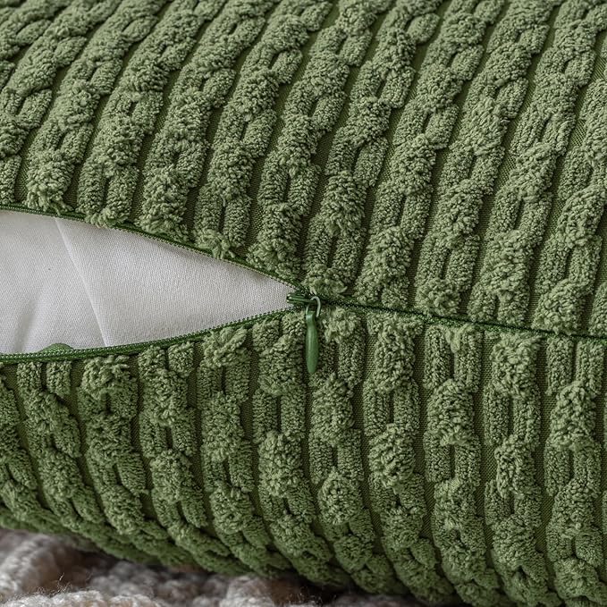 MIULEE Throw Pillow Covers Soft Corduroy Decorative Set of 2 Boho Striped Pillow Covers Pillowcases Farmhouse Home Decor for Couch Bed Sofa Living Room Spring 16x16 Inch Moss Green