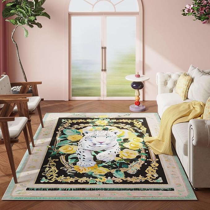 Living Room Rug 5x7 Rug Machine Washable Retro Lavish Leopard Area Rug Non Slip Floral Animal Vintage Low Pile Large Rugs for Living Room, Bedroom, Farmhouse, Dining Room, Kids Playroom