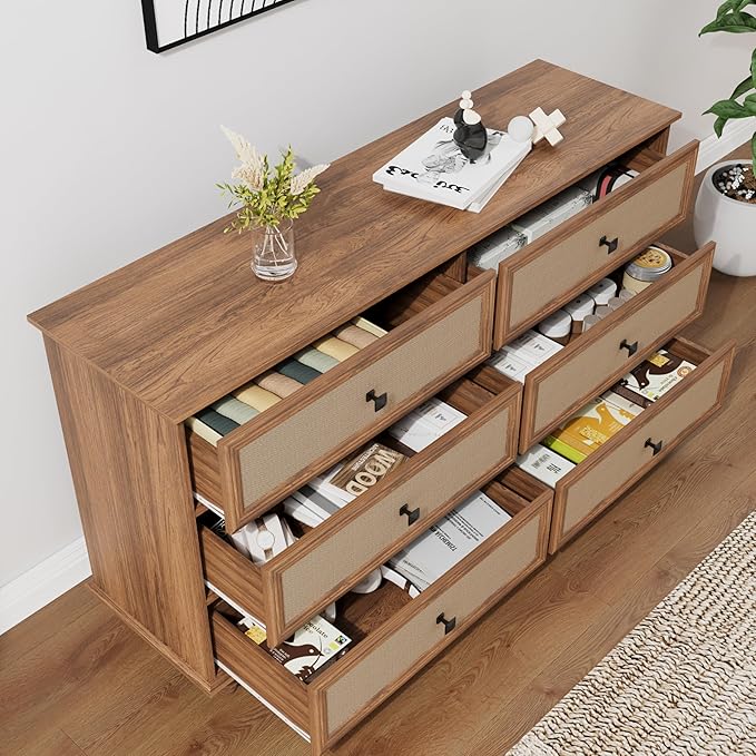 6 Drawer Dresser for Bedroom, Mid Century Modern Wide Wood Vintage Chest of Drawers Wooden Storage Organizer Burlap Rattan Drawers for Living Room, Hallway Closet, Entryway, Walnut